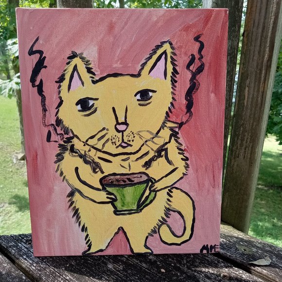 Hand Crafted Other - Original Folk Art Painting Acrylic on canvas Cat Drinking Coffee Decor Home Art